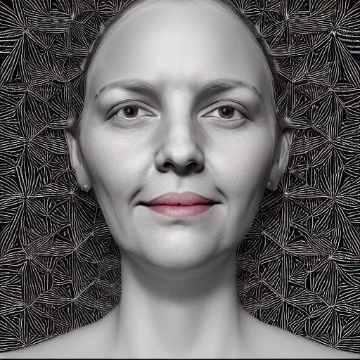 Prompt: Photorealistic image of a woman's portrait from the mandelbulb pattern