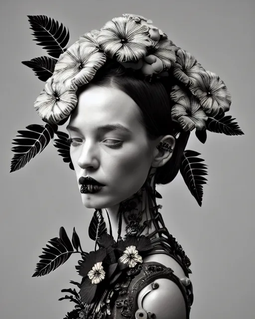 Image similar to monochrome 3 d model, floral steampunk biomechanical beautiful young female cyborg with porcelain profile face and a techno eye, volumetric light, leaves foliage and stems, hibiscus flowers, boho floral vines, sinuous fine roots, fine foliage lace, alexander mcqueen, rim light, gothic fashion pearl embroidered collar, octane render, bw, 8 k