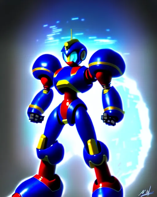 Image similar to photorealistic megaman x fighting giant robots in cyberpunk future, artstation, unreal engine, deviantart, concept art
