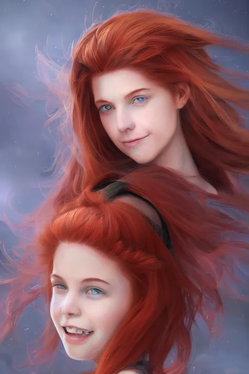 Image similar to ultra realistic style illustration of a beautiful cute red haired joyful and playful 1 9 year old teen girl ninja, full portrait, long hair, sci - fi, fantasy, intricate, elegant, digital painting, artstation, concept art, smooth, sharp focus, 8 k frostbite 3 engine, ultra detailed, art by artgerm and greg rutkowski and magali villeneuve