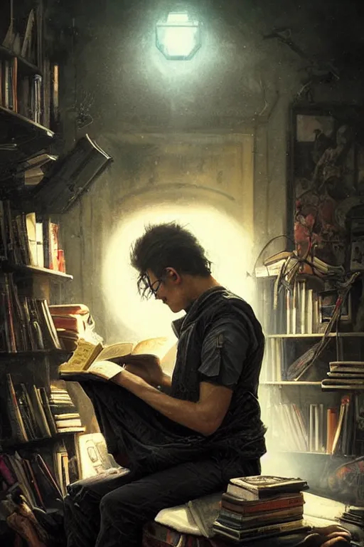 Image similar to a dramatic lighting photo of a guy reading a book in a cluttered messy 9 0 s bedroom, artgerm, tom bagshaw, gerald brom,