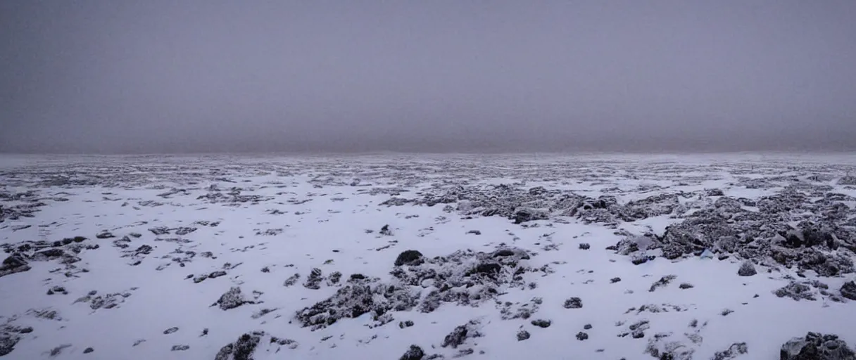 Image similar to a high quality color creepy atmospheric extreme wide angle shot hd 4 k film 3 5 mm photograph of very heavy snow storm a total white out blizzard in a desolate antarctica landscape