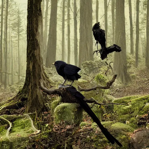 Image similar to !!! chimera consisting of male human and crow, photograph captured in a forest