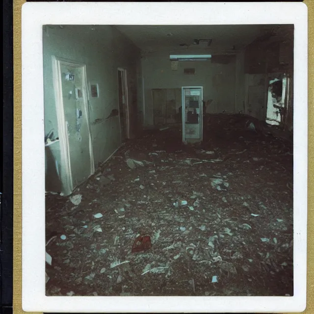 Prompt: found polaroid photo, flash, interior abandoned hospital, mutant creature standing