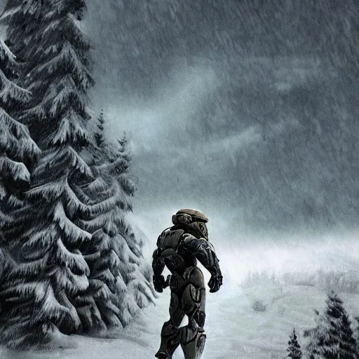 Image similar to master chief on a snowy hill,digital art,realistic,detailed,art by zemotion,trending on deviantart