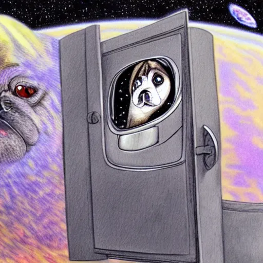 Image similar to gif, high - resolution, pencil art, colorized, extra - detailed, pug astronaut, opening door, in space that leads into the universe