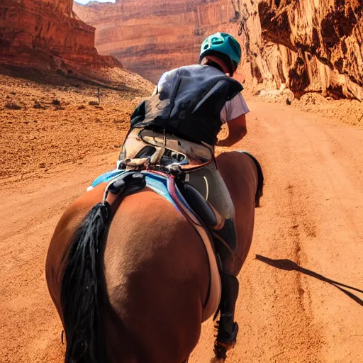 Prompt: horse spirit with lucky on his back riding next to a canyon riding into the sunset