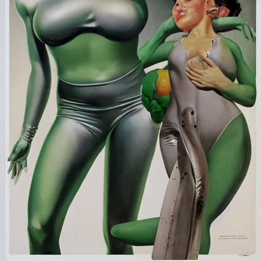 Image similar to beautiful Whitley Streiber Roswell grey alien extraterrestrial species female babe in a tight fitting silver metallic bikini spacesuit, , big pear-shaped head, green skinned, big black almond shaped alien eyes by Mort Kunstler and Gil Elvgren