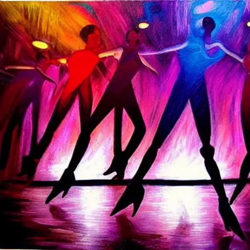 Image similar to dark dancing silhuettes in a dance club, colorful lights, dramatic lighting, a lot of energy, oil painting, hyperrealistic, very detailed, high quality