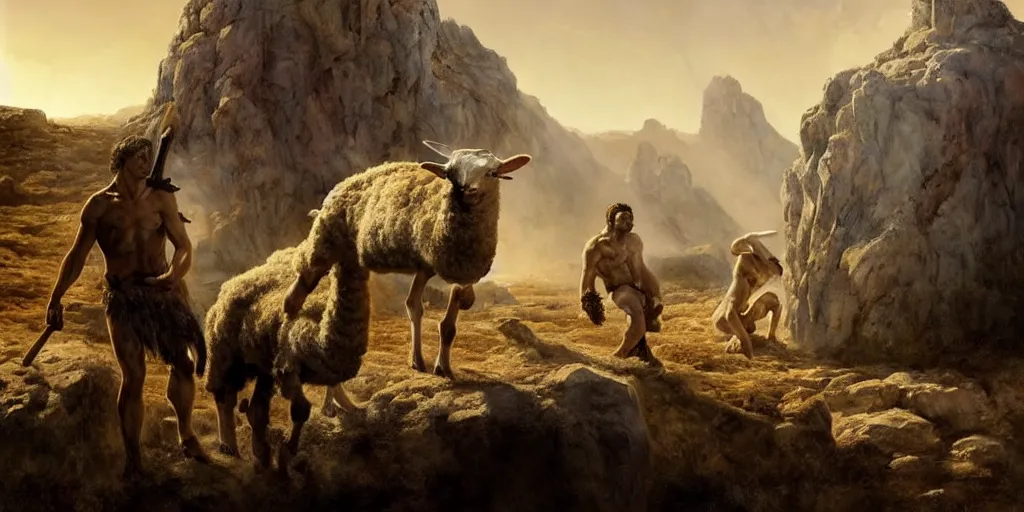 Image similar to realistic scene of biblical Cain and Abel before a stone altar with white smoke ascending in the background, a lamb in the foreground, inspired art by Frazetta + facial symmetry + bright dramatic volumetric lighting, well lit, 8k octane render, intricate, epic composition, golden hour, cinematic studio lighting + masterpiece, trending on artstation, very detailed, masterpiece, stunning