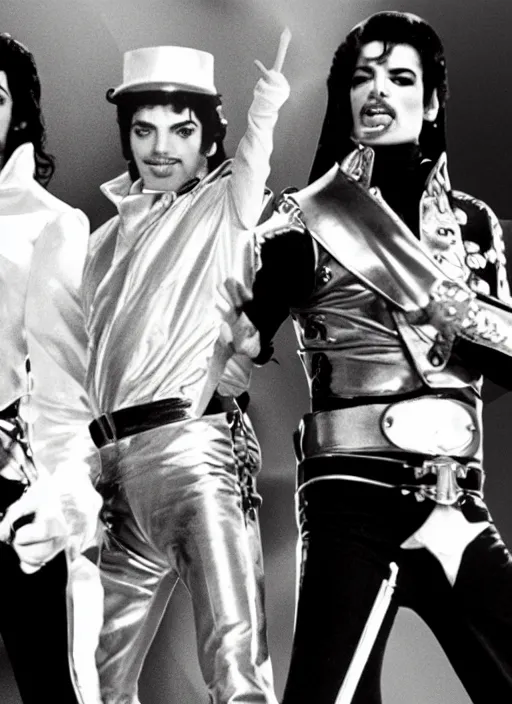 Prompt: Michael Jackson, Elvis Presley and Freddie Mercury have a battle, HD footage, Full shot