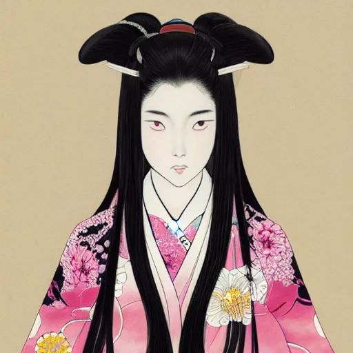 Prompt: portrait of the japanese moon princess kaguya hime with long flowing black hair wearing an ornate pink kimono with intricate floral patterns, touhou character illustration by ross tran, bo chen, toni infante, rebecca oborn, michael whelan, trending on artstation pixiv, ukiyo - e inspired