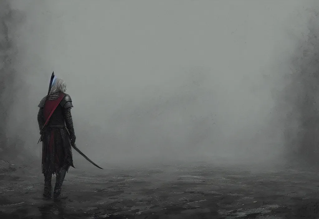 Image similar to rhaegar targaryen, foggy, rain, gloomy, mysterious, artstation, jakub rozalski, high detail, dramatic lighting