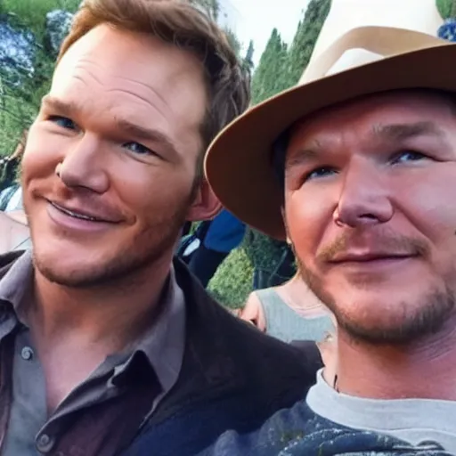 Prompt: chris pratt as indiana jones taking a selfie with harrison ford, instagram, cinematic, natural lighting, genuine smile