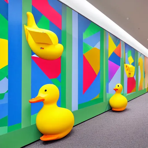 Image similar to one photorealistic rubber duck in foreground on a pedestal in an art gallery, the walls are covered with colorful geometric wall paintings in the style of sol lewitt, tall arched stone doorways.