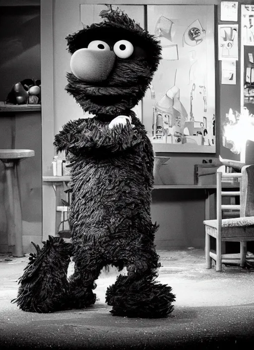 Image similar to elmo is looking around at all the damage he's caused. a sesame street noir scene. fires burn.