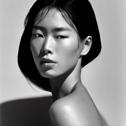 Prompt: black and white vogue extreme closeup portrait by herb ritts of a beautiful female model, looking over her shoulder, japanese, high contrast