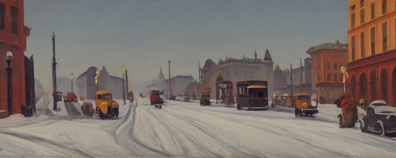 Prompt: an edward hopper style painting of a busy road of ( ( ( ( ( ( ( ( gyor ) ) ) ) ) ) ) ) in hungary, early - winter, december of 1 9 4 8