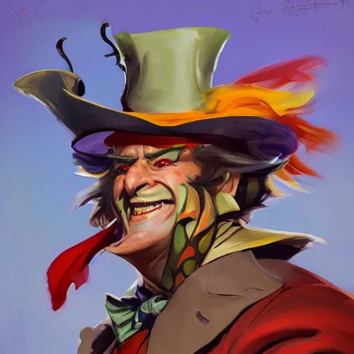 Image similar to greg manchess portrait painting of partially armored mad hatter from alice in wonderland as overwatch character, wacky, medium shot, asymmetrical, profile picture, organic painting, sunny day, matte painting, bold shapes, hard edges, street art, trending on artstation, by huang guangjian and gil elvgren and jesper ejsing