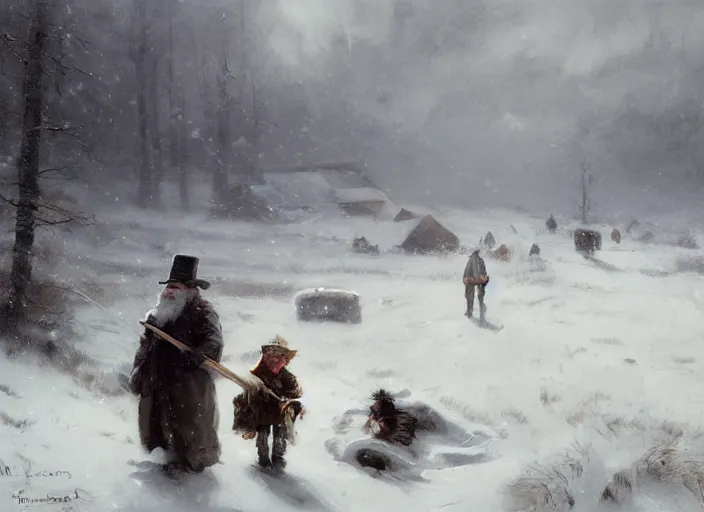 Prompt: oil painting, snow blizzard, nordic gnome, dwarf, small with gray clothes, pointy top hat, barn environment, hay and wooden tools, high detailed art by anders zorn, wonderful masterpiece by greg rutkowski, beautiful cinematic light, american romanticism by greg manchess, creation by tyler edlin