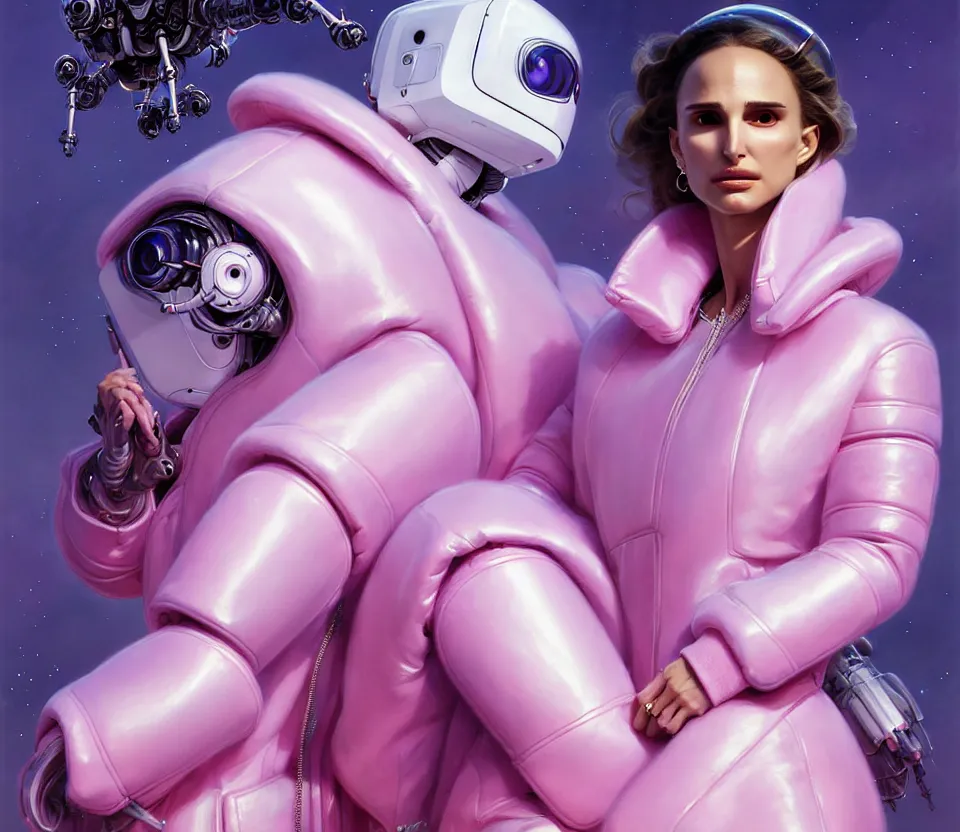 Prompt: beautiful fantasy character portrait, natalie portman, wearing pink puffy bomber jacket with white fur, robots, seductive reclining pose, futuristic chrome drones, ultra realistic, dramatic lighting, decepticon artifacts, highly detailed by peter mohrbacher, hajime sorayama, wayne barlowe, boris vallejo, aaron horkey, gaston bussiere, craig mullins