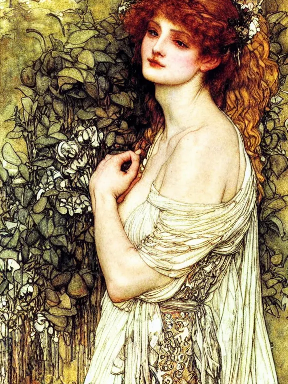 Image similar to Goddess. Extremely high detail, details, realistic, masterpiece, colorful. Portrait painting by Arthur Rackham, Eugene de Blaas, Frederic Leighton