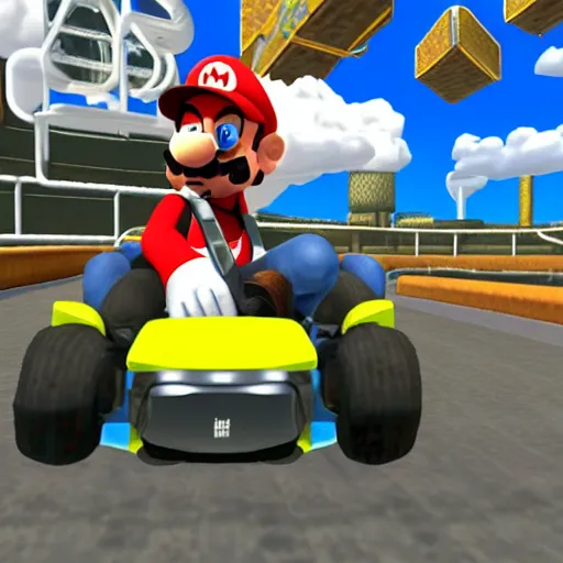 Image similar to Walter White in Mario Kart driving trailer car, game screenshot