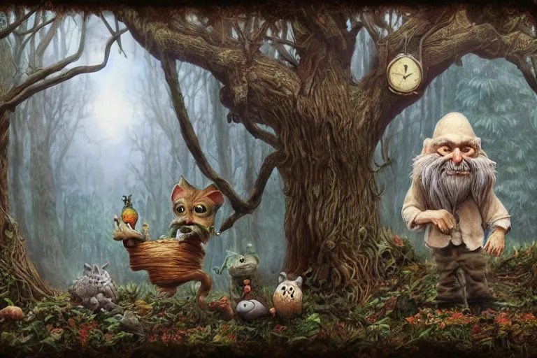 Image similar to old wizard and his forest furry creature matte painting, 3 d highly detailed, in the style of mark ryden