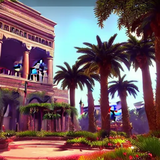 Prompt: a beautiful screenshot in the style of horizon zero dawn with the khedival opera house in talaat harb square cairo with lush landscaping, date palm trees, shrubs and flowers. trending on artstation