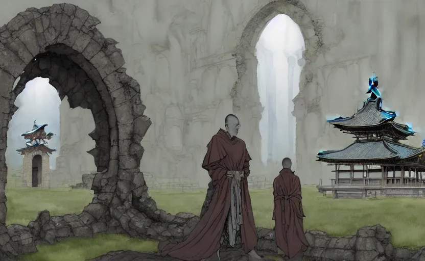 Image similar to a hyperrealist watercolour concept art of a dimensional time portal in the shape of a ruined arch. a medieval monk in grey robes is in the foreground. a japanese temple is in the background. very muted colors, post grunge, by rebecca guay, michael kaluta, charles vess and jean moebius giraud. high detail, hq, wide shot, 4 k