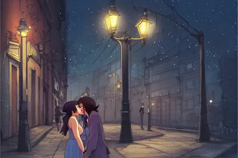 Image similar to a zombie couple kissing under a street lamp in Buenos aires at night, dark blue long hair, muted colors, matte print, pastel colors, ornate, digital art, cute smile, digital painting, fan art, elegant, pixiv, by Ilya Kuvshinov, by Studio Ghibli