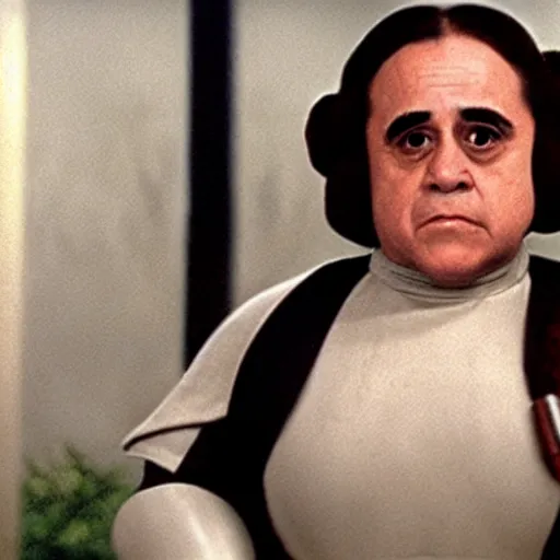 Prompt: a film still of danny devito as princess leia, star wars