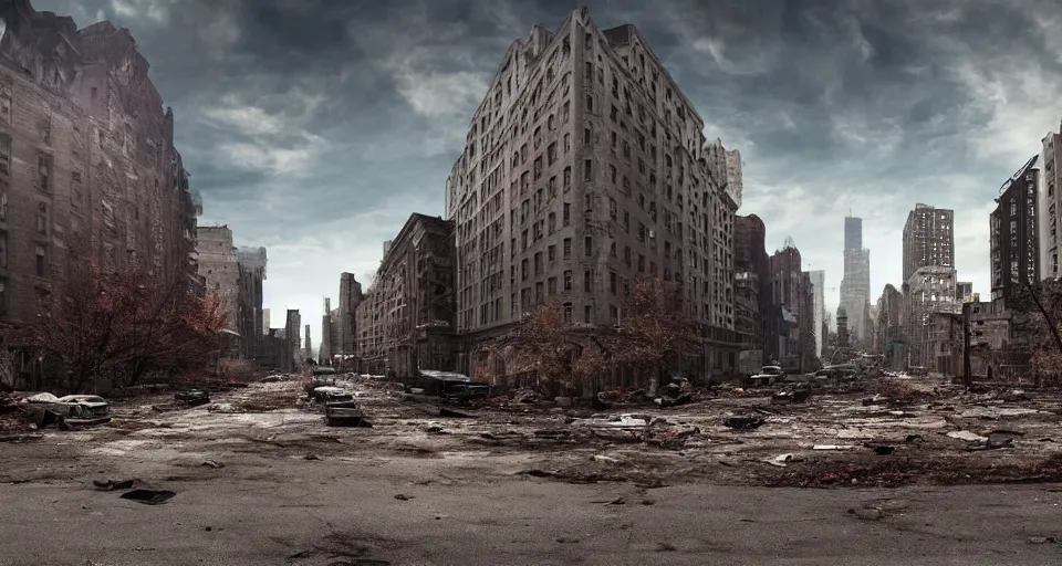 Image similar to wide angle shot of dilapidated zombie - apocalypse new york city in real life, desolate with zombies, dilapidated, empty streets, nightmarish, some rusted style parked vehicles, sunny weather, few clouds, volumetric lighting, photorealistic, daytime, autumn, sharp focus, ultra detailed, cgsociety