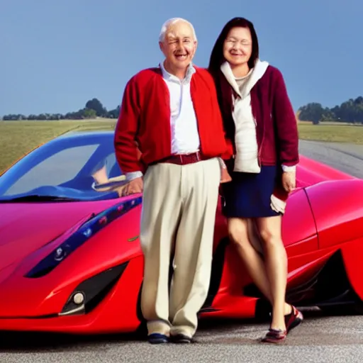 Image similar to 0 8 s photo of elder couple, pose like the new sweet lover in the paddle field with red super car, photo realistic, high - detail,