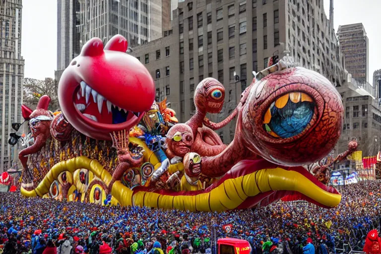 Image similar to photo of giant elaborate parade float designed by geoff darrow!!!! and ( ( ( ( ( ( hr giger ) ) ) ) ) ), in the macys parade, detailed 4 k photo