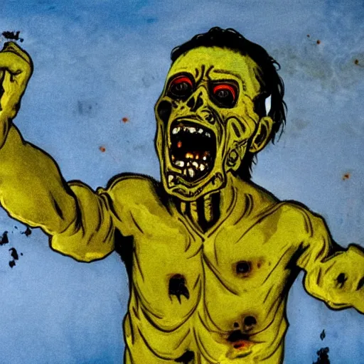 Image similar to selfie of a ukrainian screaming in pain and terrible injuries from a nuclear explosion, everything is on fire and radiation, in the background there are a lot of people like zombies, corpses and skeletons, a large nuclear explosion in the background, people are painted in yellow and blue, all dirty with severed limbs, doomsday