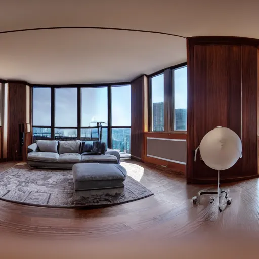 Image similar to cinematic film still of a fancy apartment living room with a stunning view 4k, fish-eye lens