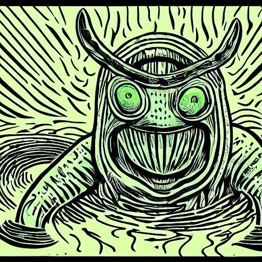 Prompt: Pop-Wonder-NFT alien-meat half-tone-art of a swamp-Man-Thing wading through the goopy-muck and slithering about the castle side delights on a melted cheesy day in a hand-drawn vector, svg, cult-classic-comic-style