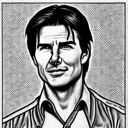 Image similar to a portrait drawing of Tom Cruise drawn by Robert Crumb