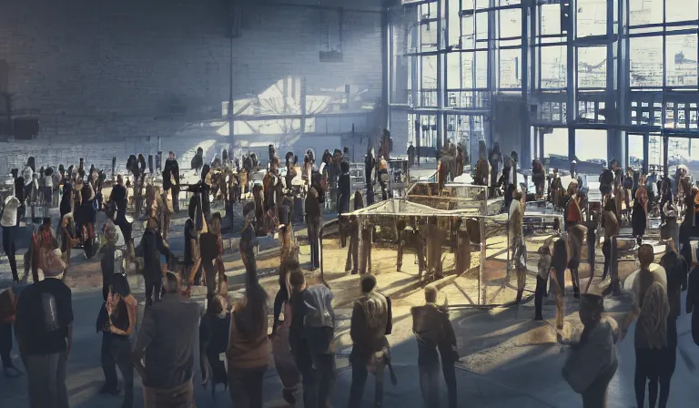 Image similar to large group people in simple warehouse, looking at hologram of futuristic downtown on a table, cinematic concept art, godrays, golden hour, natural sunlight, 4 k, clear details, tabletop model towers, center model towers, hologram center, crane shot, crane shot, crane shot, clear details, windows