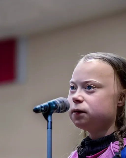 Image similar to film still close - up shot of greta thunberg giving a speech in a train station full of raw meat. photographic, photography