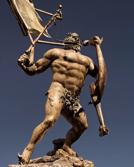 Prompt: jason and his argonauts sail by a gigantic bronze statue of a minotaur, bull man hybrid being holding a spear and shield, atmospheric, mythological