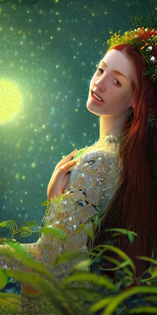 Prompt: a totally amazed smiling young woman surrounded by golden firefly lights in a mesmerizing scene, sitting amidst nature fully covered! intricate detailed dress, long loose red hair, precise linework, accurate green eyes, small nose with freckles, beautiful smooth oval head, expressive emotions, hyper realistic ultrafine portrait by artemisia gentileschi, jessica rossier, boris vallejo