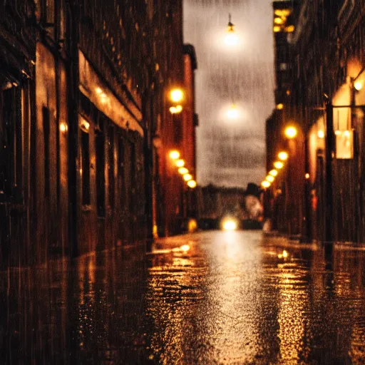 Prompt: Photograph of the city street, night time, dark, raining, f/1.4