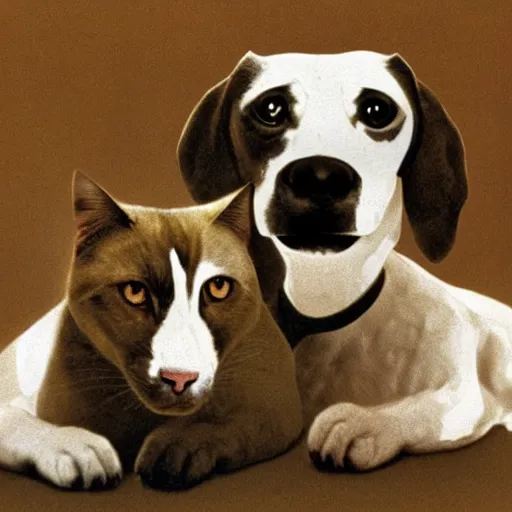 Prompt: A white dog and a brown cat sitting next to each other, their faces show pure dread, painted by Salvador Dalí