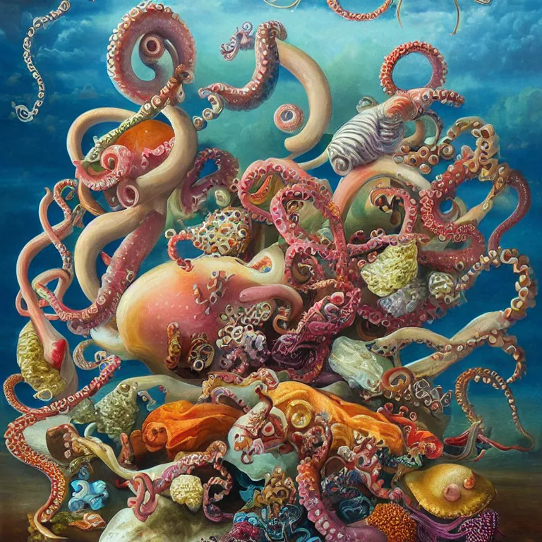 Prompt: kevin sloan painting of crowded still life of octopus tentacle, various colorful fish, seaweed, coral, pearls, shells, conch shell, star fish, seahorse, dutch masters style, insanely detailed