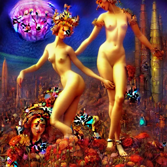 Image similar to Beautiful 3d render of the flower queen goddess in a sensual pose, in the style of Johfra Bosschart, with a crowded futuristic cyberpunk city in the background, astrophotgraphy