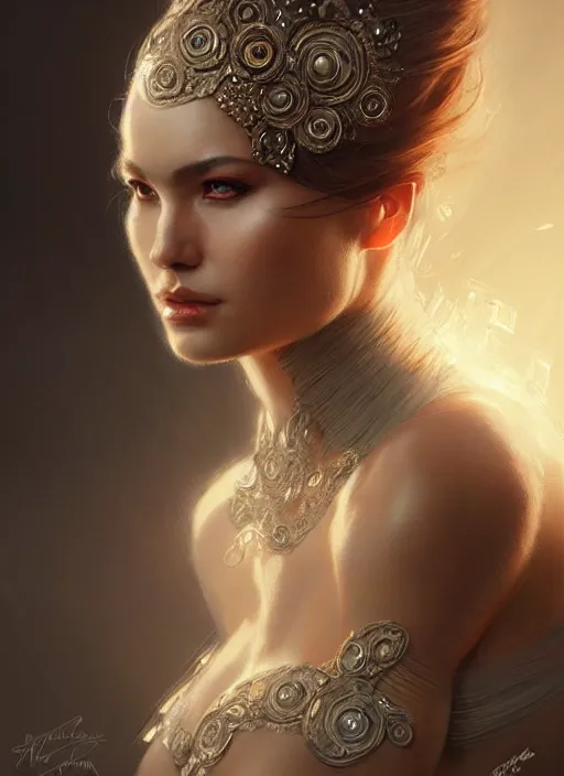 Prompt: portrait of female in wearable art, intricate details, elegant, highly detailed, digital photography, artstation, glamor pose, concept art, smooth, sharp focus, art by artgerm and greg rutkowski