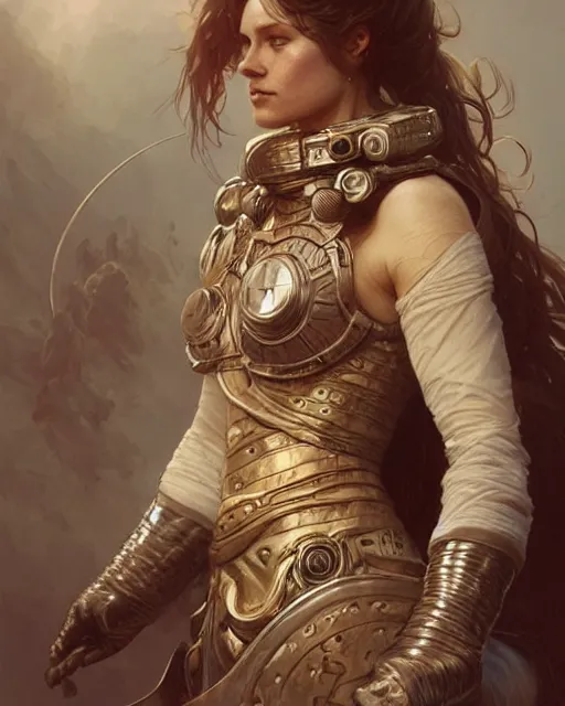 Image similar to viking woman, spacesuit, real life skin, intricate, elegant, highly detailed, artstation, concept art, smooth, sharp focus, art by artgerm and greg rutkowski and alphonse mucha