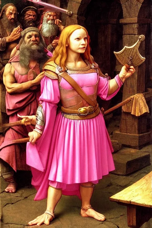 Image similar to dwarfish cleric wearing a pink tutu, holding a holy symbol, he is preaching. the background is a friendly tavern. The mood is friendly and welcoming. dungeons and dragons, highly detailed, matte painting, artstation, concept art, sharp focus, illustration, art by Leonardo da Vinci and Michelangelo and Botticelli